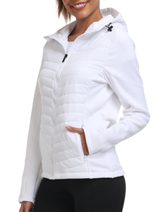 <b>White</b> Hooded <b>Puffer</b> <b>Jacket</b> Women's Lightweight Windproof Zipper Front Casual Winter Coat Solid Color Slim Fit Polyester Fleece - Product Image 1
