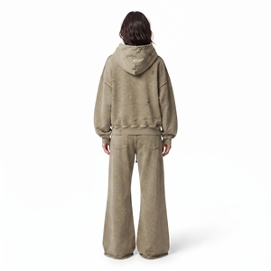 Ensemble de survêtement femme délavé à l'acide, couleur unie, coupe décontractée, avec sweat à capuche zippé à manches longues et épaules tombantes, et pantalon de jogging évasé à jambes larges - Product Image 3