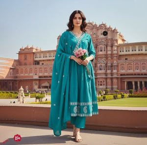 Ensemble Kurti Plazzo en coton lourd traditionnel avec broderie fantaisie et dupatta pour femmes, idéal pour les fêtes, les festivals, les tenues décontractées, grandes tailles - Product Image 1