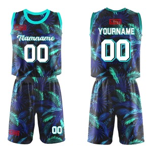 Ensemble de maillot de basket-ball personnalisé à motif de feuilles de palmier tropicales, impression par sublimation, uniforme de basket-ball pour hommes, vêtements de sport respirants pour équipe - Product Image 1