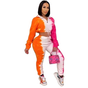 Women <b>Tie</b> <b>Dye</b> Tracksuit <b>Set</b> Full Sleeve Half Zip Crop Top With Drawstring Pants Gradient Color Casual Sportswear - Product Image 3