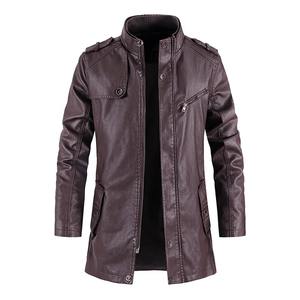 Chaqueta de Cuero PU para Hombre, Estilo Motociclista, con Botones y Cremallera, Color Sólido, Largo Medio - Product Image 6