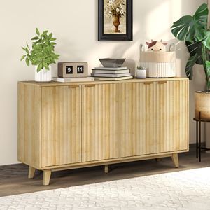 Mobile Bar Caffè da 55 Pollici, Credenza Scanalata con 4 Ante, 2 Ripiani Regolabili, 5 Gambe in Legno Naturale per Applicazioni in Stile Rustico/Country - Product Image 2