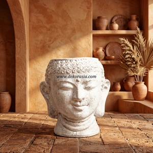 Pot de fleurs en terre cuite rustique blanc uni, fait main, en forme de tête de Bouddha, statue décorative en céramique, urne de table - Product Image 6