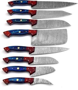 Ensemble de couteaux de chef en acier Damas avec manche en bois Pakka, huit pièces, forgés sur mesure, faits à la main, OEM, couteaux de cuisine professionnels avec sac - Product Image 1