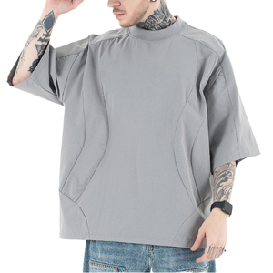 เสื้อยืดคอกลมแขนสั้นสีพื้นทรงโอเวอร์ไซส์สำหรับผู้ชาย เนื้อผ้าถักระบายอากาศ สไตล์สตรีทลำลอง - Product Image 5