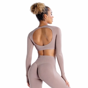 Haut court à manches longues et col rond sans coutures pour femme, idéal pour le fitness, le yoga et l'entraînement – Nouvelle arrivée - Product Image 2