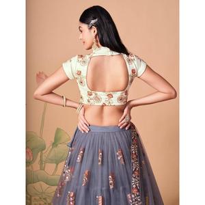 Lehenga Choli semi-cousu en tissu filet gris orné de miroirs, avec dupatta, par Zeel Clothing - Product Image 1