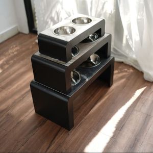 ODM OEM Comedero Doble para Mascotas de Acero Inoxidable Reforzado, Ecológico e Impermeable, para Perros y Gatos, con Tapa de Madera y Marco de Metal Negro - Product Image 2