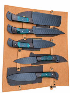 Hand Forged Carbon Steel Chef <b>Knife</b> Set 5 Piece Resin Handle Modern Right Hand Leather Sheath High-Polish Finish Dishwasher <b>Safe</b> - Product Image 4