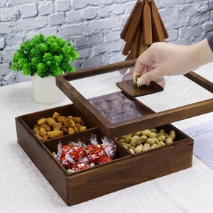 Natural Wooden Dry Fruit Serving Tray with Clear Acrylic Lid 4 Compartment Nut Candy Snack Storage Box for Home Hotel Gift - Product Image 4