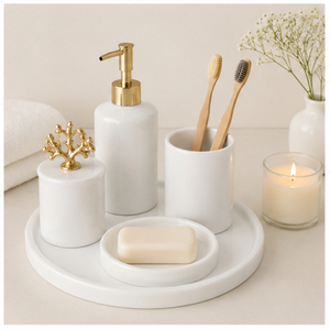 Modern Luxury White Marble Bathroom Accessory Set with Gold Accents Soap Dispenser <b>Toothbrush</b> <b>Holder</b> Tray and Lidded Storage Jar - Product Image 4