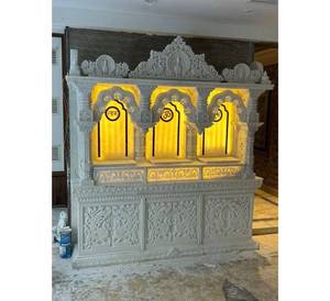 Pure White Polished Marble Home Temple Intricate Hand Carving Traditional Hindu Mandir with Built-in <b>LED</b> <b>Lighting</b> Vastu Design - Product Image 1