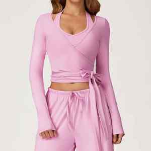 <b>Wrap</b> Front Long Sleeve Crop <b>Top</b> With Halter Neck Detail & Adjustable Tie Waist Stretchy Fabric Daily Wear Yog Sets - Product Image 3