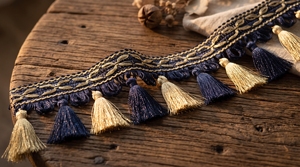 Bordure décorative élégante en polyester à franges et pompons avec bord tissé pour rideaux et ameublement domestique - Product Image 4