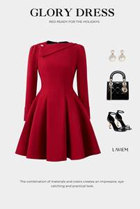 Vestido Premium Rojo de Manga Larga con Cuello Asimétrico y Corte Evase para Mujer |   Vestido Elegante para Invitadas de Boda |   LAVIEM - Product Image 6