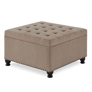 Grande Pouf Quadrato in Lino Imbottito con Bottoni e Gambe in Legno per Salotto con Funzione di Contenitore - Product Image 2