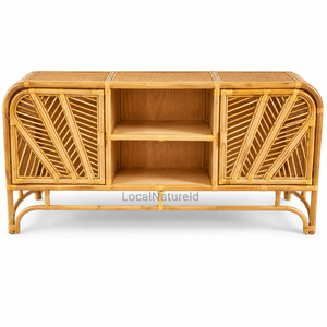 Meuble d'appoint en rotin, bibliothèque latérale, armoire de rangement en osier, console multimédia moderne à 3 étagères, mobilier naturel pour salon et hôtel - Product Image 1