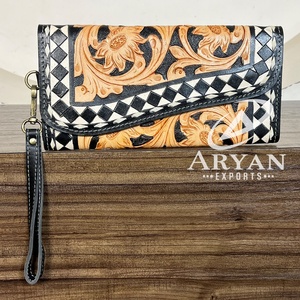 Hand Tooled Genuine Leather <b>Women</b> New Floral Checkered Clutches Luxury <b>Wallet</b> <b>Card</b> Holder Evening Wristlet <b>Wallet</b> For Shopping - Product Image 1