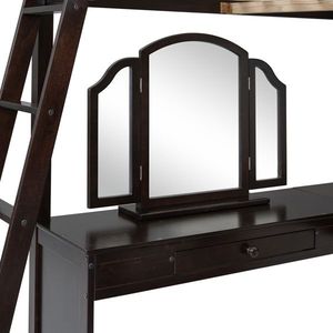 Letto a soppalco in legno massello Espresso con scrivania a U, vani portaoggetti e specchio pieghevole a tre ante, per letto singolo moderno, ideale per l'uso con scala. - Product Image 2