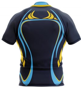Maillot de rugby ajusté à manches courtes pour homme, bleu foncé avec rayures rouges, sublimé, en polyester respirant, vêtements de sport - Product Image 4
