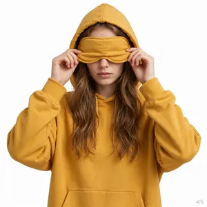 Mustard Yellow Women's Oversized <b>Sleep</b> <b>Mask</b> Hoodie Soft Fleece Pullover Kangaroo Pocket Drawstring Hood Casual Lounge Wear - Product Image 1