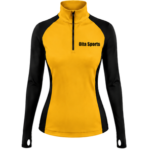 Haut de sport pour femme à col zippé, jaune doré, manches longues, ajusté, pour entraînement sportif, col montant, avec passe-pouce, performance Activewear - Product Image 1