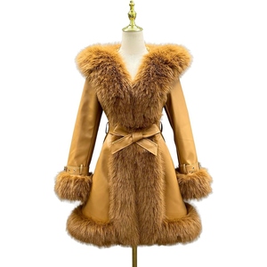 Women’s Stylish Leather Long Winter Coat Premium <b>Fur</b> <b>Trimmed</b> Belted Overcoat Custom Wholesale Apparel Manufacturer - Product Image 1
