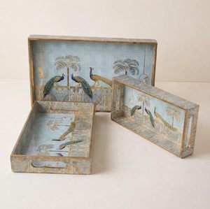 Handcrafted Decorative Wooden Serving <b>Tray</b> Set with Peacock Design Nesting <b>Storage</b> <b>Trays</b> Blue Vintage Printed Home Decor - Product Image 5