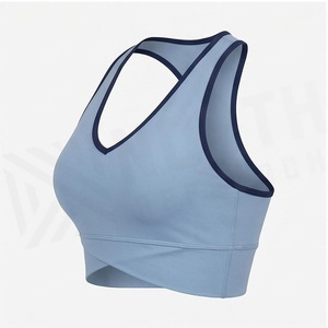 North Approach Women's V-Neck <b>Racerback</b> Sports <b>Bra</b> Solid Light Blue Twist Design Sweat-Wicking Seamless Crop Top - Product Image 3