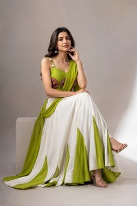 Designer Pure Rayon Fabric With Contrast Panel Design Adorned With Gota Patti Lace And Pearls & <b>Shell</b> Tassels Nvaratri Lehenga - Product Image 2