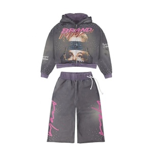 Conjunto Deportivo Unisex Vintage de 2 Piezas con Efecto Desgastado, Sudadera Corta con Estampado de Pantera Lavado al Ácido + Pantalón Ancho Estilo Urbano Estadounidense - Product Image 1