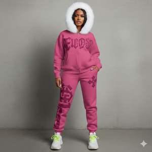 Conjunto deportivo de dos piezas para mujer, con estampado personalizado a rayas rosas, sudadera con capucha y cremallera de algodón y pantalones. - Product Image 2