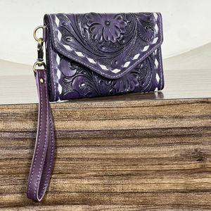 Hot Selling Handcrafted Tooled Leather Vintage Style Fold Closure <b>Wristlet</b> Clutch Genuine Leather RFID Cash Card Holder Wallets - Product Image 4