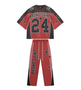 Brand Saint Men's Crop <b>Top</b> <b>And</b> Pants Set Oversized Streetwear <b>Black</b> <b>Red</b> 24 Print Breathable Knitted Short Sleeve O-Neck - Product Image 2