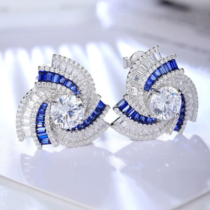 Platinum Round Diamond <b>Earrings</b> With <b>Blue</b> Sapphire Accents Luxury <b>Studs</b> For Women Wedding Jewelry IGI Certified - Product Image 3