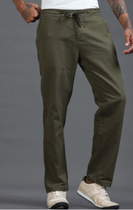 Premium Cotton <b>Trousers</b> For <b>Men</b> Green Solid Relaxed Fit Mid Rise Regular Pants With Four Pockets <b>Elasticated</b> Waistband - Product Image 4