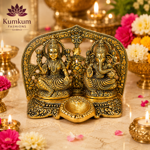 Figura Decorativa de Latón Hecha a Mano en India, Laxmi Ganesh Diya, para Decoración del Hogar, Templo, Pooja, Figura Antigua en Relieve, para Diwali, Bodas y Festivales - Product Image 1