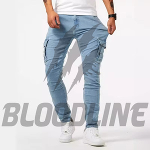กางเกงยีนส์ทรงตรงสีฟ้าอ่อนสำหรับผู้ชาย แบรนด์ Bloodline ทรงปกติ เอวกลาง ระบายอากาศได้ดี ผ้ายีนส์ฟอกสี ผ้าฝ้าย แต่งขาด สไตล์ลำลอง - Product Image 3