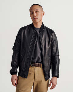 Blouson en cuir véritable noir pour homme, col montant, fermeture éclair, style motard, vêtement d'automne - Product Image 1