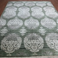 Tapis persan en soie noué à la main, élégant, 8x10 pieds, vert forêt foncé, tapis décoratif fait main
