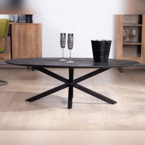 Mesa de centro Vandana Golden Comfort con tablero elíptico de madera maciza de mango arenada y patas metálicas 3D Pisa - Product Image 5