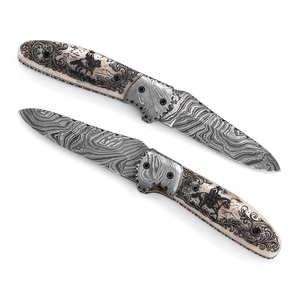 Couteau pliant personnalisé en acier Damas de qualité industrielle avec bouton de pouce, manche en os de chameau gravé au laser, motif Celtic Hound - Product Image 6