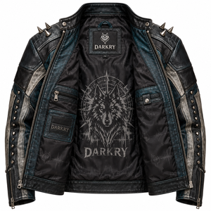 Custom Mens Genuine Leather Jacket Blue Grey Distressed Wolf Graphic Printed Spiked <b>Studded</b> Biker Moto Outerwear Coat Factory - Product Image 5