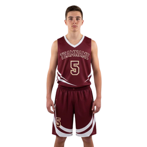 Ensemble d'uniformes de basketball personnalisés pour hommes, bordeaux et blanc, maillot sans manches à col rond, short avec bordure à rayures incurvées, numéro d'équipe, kit de vente en gros - Product Image 1
