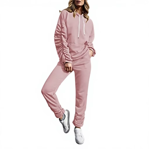 Women <b>Pink</b> Hooded Tracksuit Full Sleeve Solid Color Casual <b>Sweatshirt</b> Pants Set With Side Pockets Drawstring Closure Tracksuits - Product Image 4