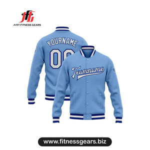 Veste universitaire personnalisée pour homme, bleu et orange, broderie, col montant, respirante, en polyester chauffant, vêtement décontracté d'hiver - Product Image 4