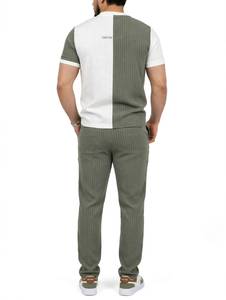 ONETEN APPAREL Ensemble de t-shirts à col rond pour homme, couleur contrastée, hiver, avec pantalon rayé, tenue décontractée en deux pièces - Product Image 5