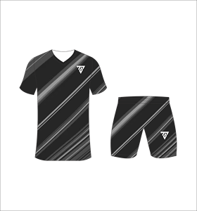 Conjunto de uniforme de fútbol sublimado personalizado para hombre con camiseta con estampado de rayas diagonales en negro y gris y pantalones cortos a juego - Product Image 5