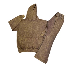 Ensemble de survêtement unisexe à capuche, couleur unie, manches longues, pantalon à cordon de serrage, tenue décontractée d'automne, 100 % coton, teint en pièce, coupe classique - Product Image 1